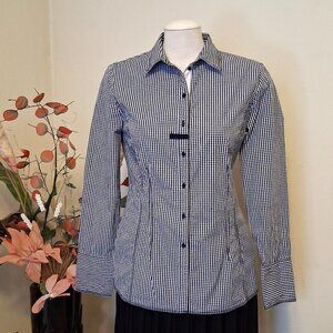NWOT NADINE H Women Luxury Button Down Shirt Black White Blouse Long Sleeve Top